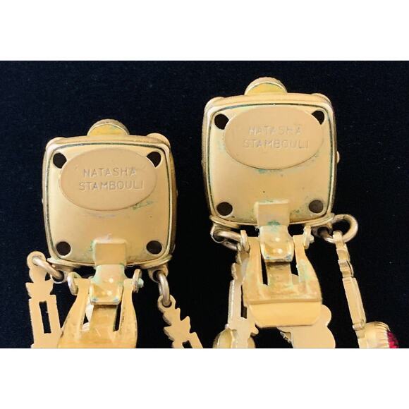 Vintage Natasha Stambouli Gemstone Matte Gold Plated Dangle Clip On Earrings - Picture 5 of 6
